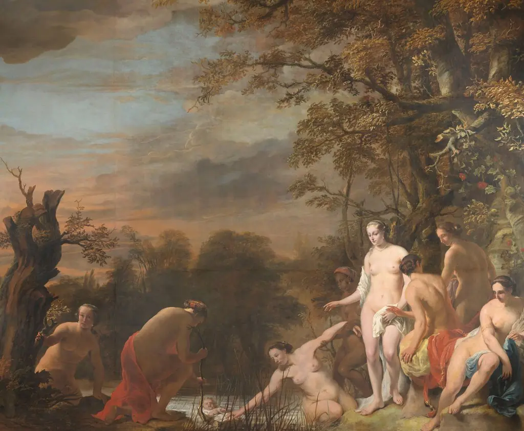 Pharaoh's daughter discovers Moses in the rush basket, by Ferdinand Bol, oil, 1650
