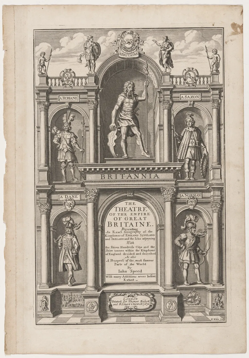 Title Page to "The Theatre of the Empire of Great Britaine" by John Speed, by Robert White, ink, 1676