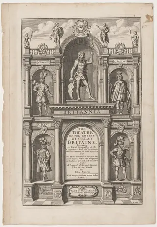 Title Page to "The Theatre of the Empire of Great Britaine" by John Speed, by Robert White, ink, 1676