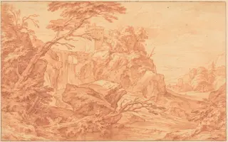 A Rocky Landscape with a Stone Tower and a Waterfall, by Adriaen Frans Boudewyns, graphite, 1678