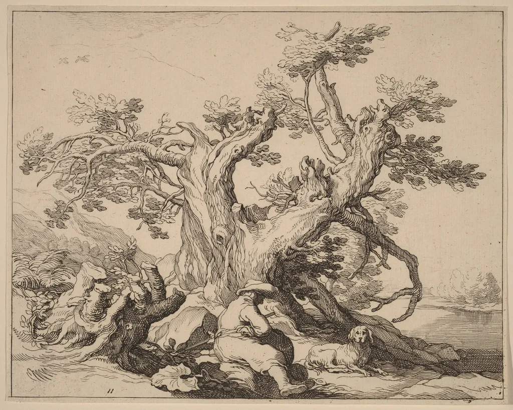 A Man and His Dog Resting by a Great Tree, by Frederick Bloemaert, ink, 1635