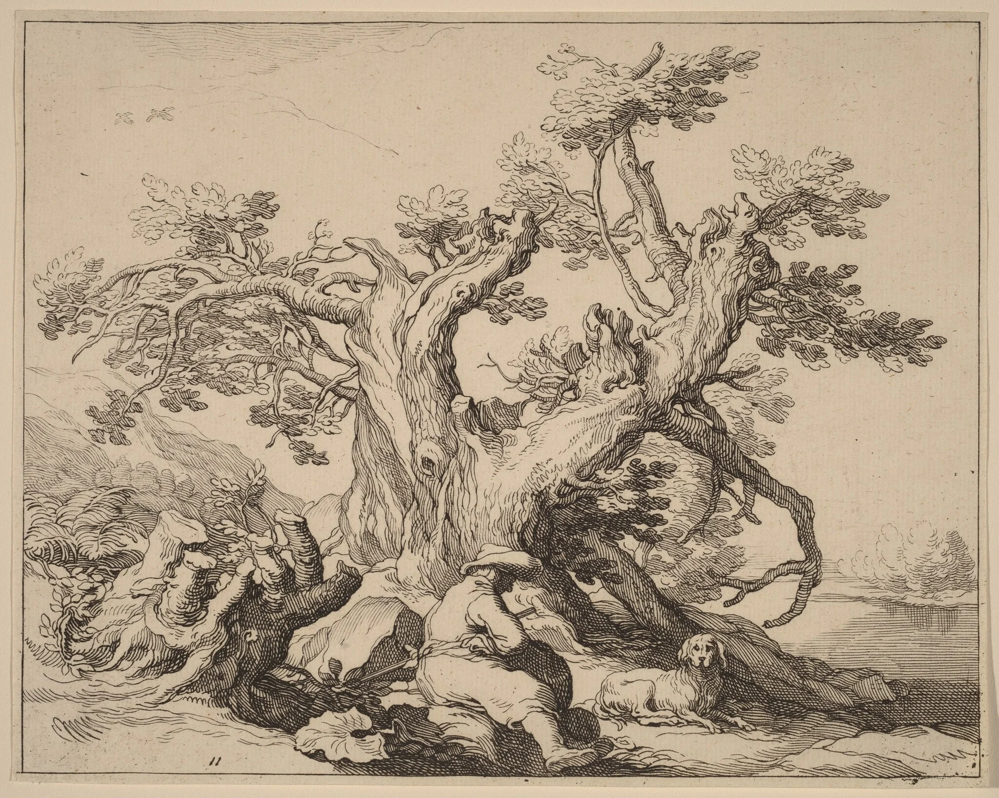 A Man and His Dog Resting by a Great Tree, detail
