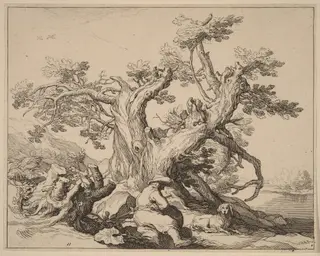 A Man and His Dog Resting by a Great Tree, by Frederick Bloemaert, ink, 1635