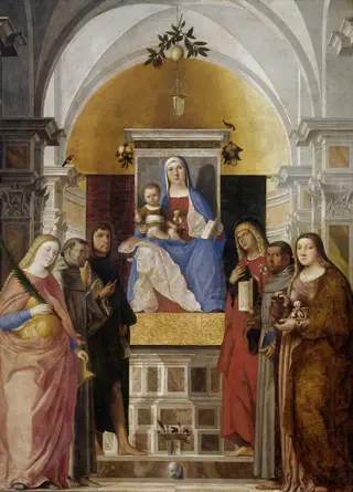 Virgin and Child with Saints Catherine, Francis, John the Baptist, Mary Magdalene, Antony of Padua, John the Evangelist, by Marcello Fogolino, oil, 1515