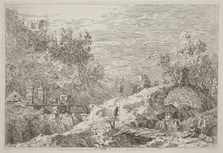 Mountain Landscape with Five Bridges, by Canaletto, ink, 1740