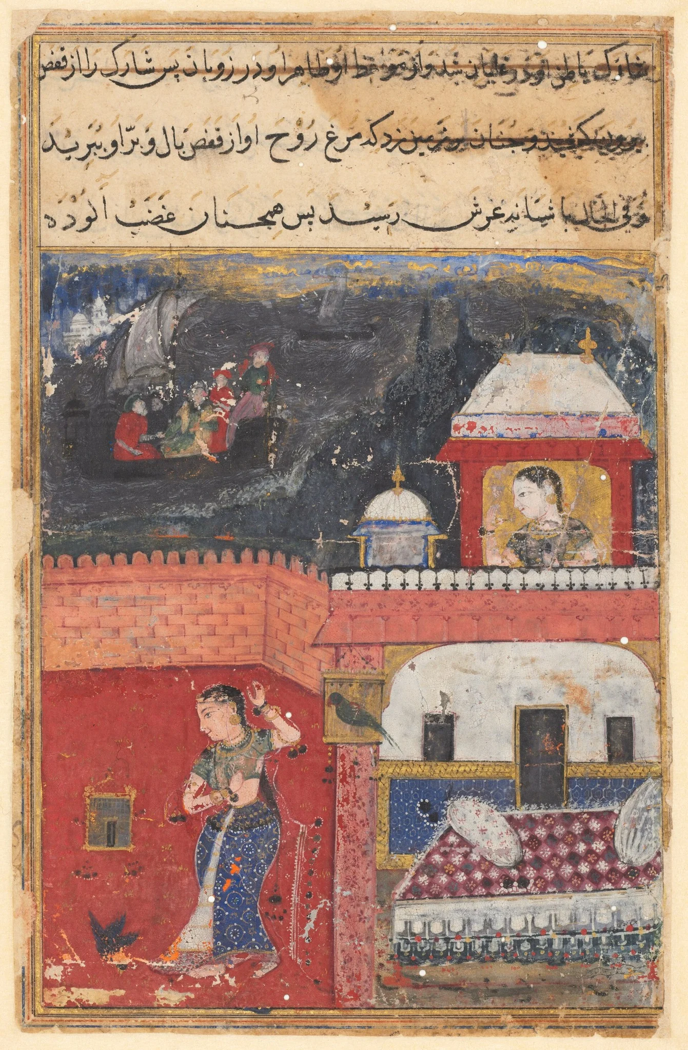 Khujasta kills the pet mynah who advises her not to be unfaithful to Maymun, her husband, from a Tuti-nama (Tales of the Parrot): First Night, detail