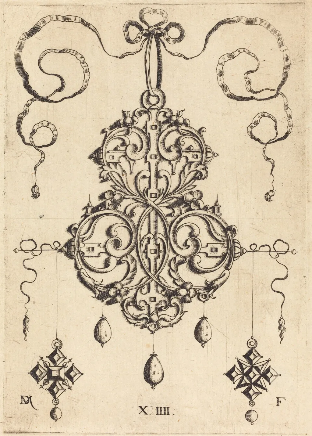 Strapwork Pendant with Three Drops and Two Cross-Shaped Pendants as Earrings at Left and Right, by Daniel Mignot, ink, 1584