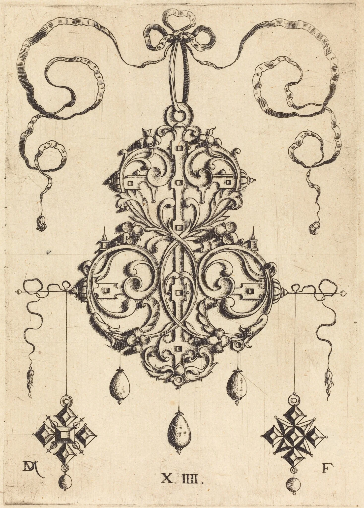 Strapwork Pendant with Three Drops and Two Cross-Shaped Pendants as Earrings at Left and Right, detail