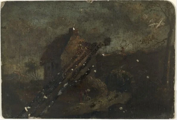 Cottage by a Stream; Two Women in Conversation (on verso), detail