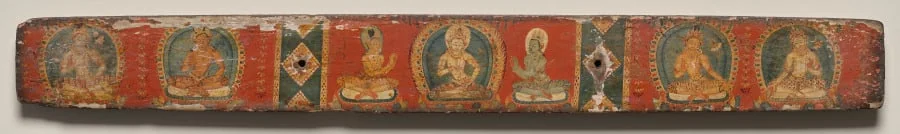 Four bodhisattvas and two attendants flanking Vajrasattva, bottom cover, from a Manuscript of the Perfection of Wisdom in Eight Thousand Lines (Ashtasahasrika Prajnaparamita-sutra), detail