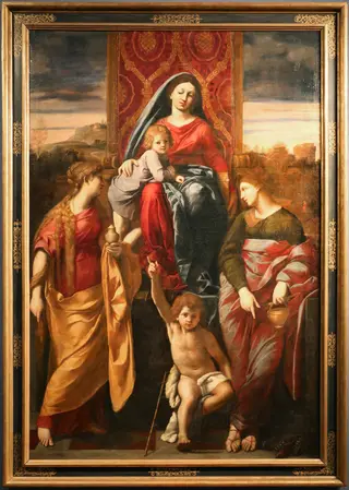 Thronende Maria mit dem Kind und den Heiligen Martha, Magdalena und Johannes dem Täufer, by Antonio Marziale Carracci, paint, 1614