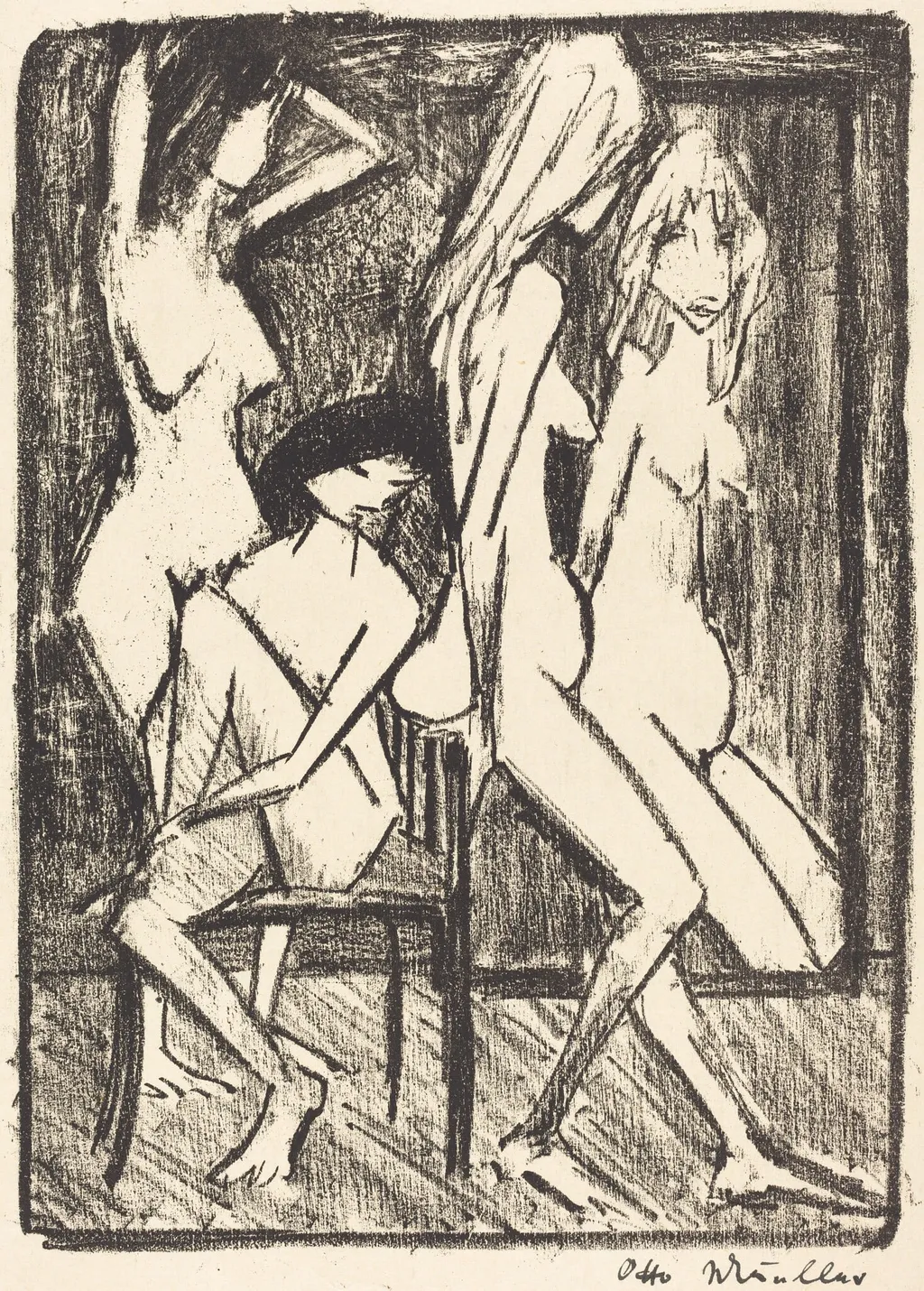 Three Girls in front of a Mirror (Drei Madchen vor dem Speigel), by Otto Mueller, ink, 1922