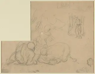 Sheet of Studies with Two Large Men on the Ground, by Honoré Daumier, chalk, 1844