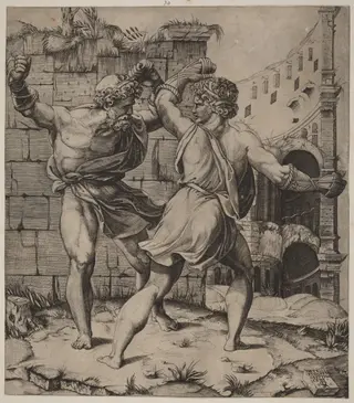 Entellus and Dares, by Marco Dente, ink, 1524