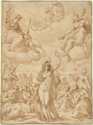 Allegory of Minerva as the Head of the Muses, by Hans Speckaert, chalk, 1575