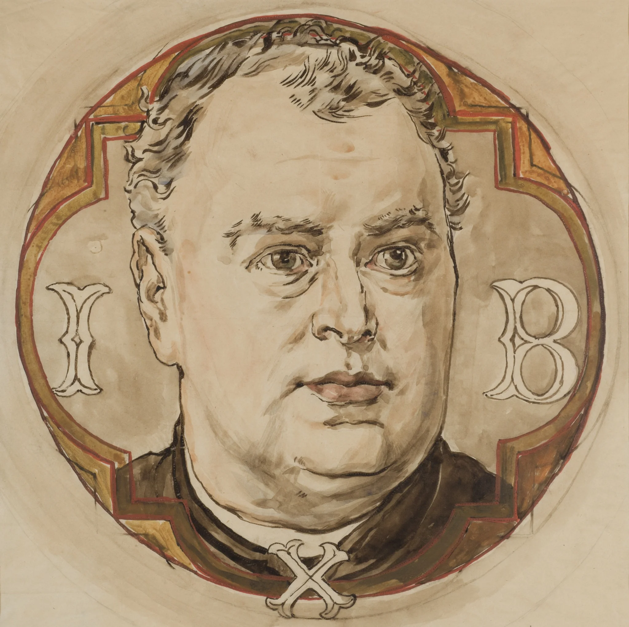 Karton do polichromii Kościoła Mariackiego - Głowa męska i litery "I, B, X" (ks. Jan Bukowski), detail