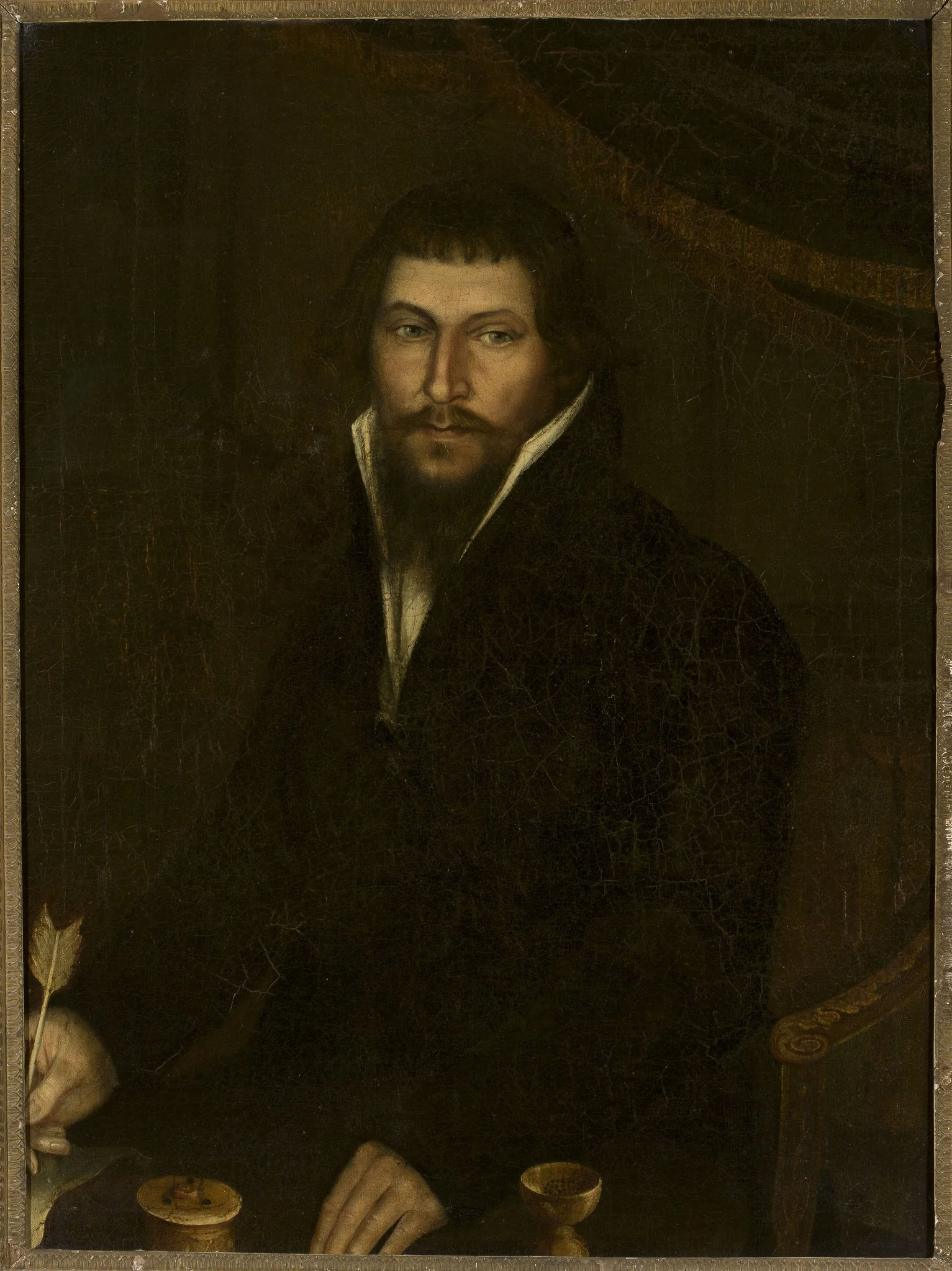 Portrait of a man with a goose quill in his hand, detail