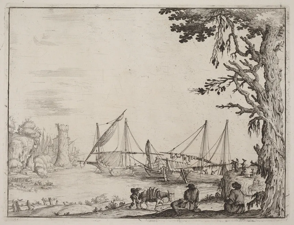 Seaport with Anchored Vessels, by Ercole Bazicaluva, ink, 1638