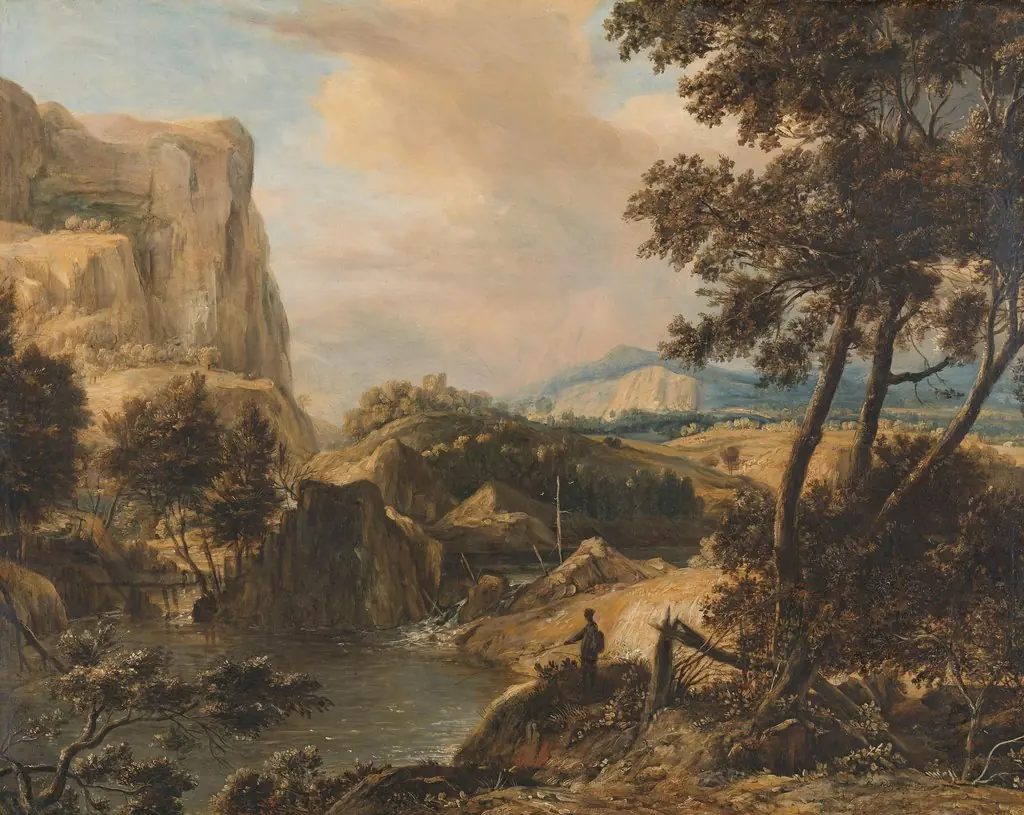 Mountainous landscape with fisherman, by Roelant Roghman, oil, 1650