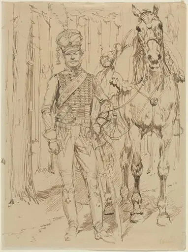 A French Hussar Leading a Horse, by Jean-Baptiste Edouard Detaille, ink, 1850