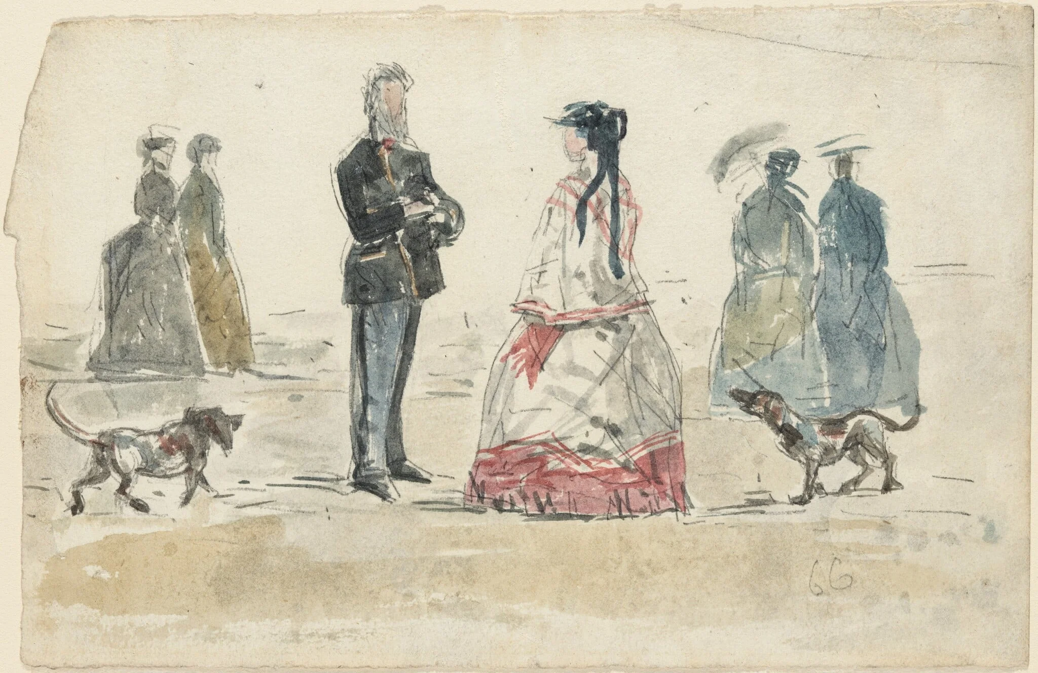 Ladies and Gentleman Walking on the Beach with Two Dogs, detail