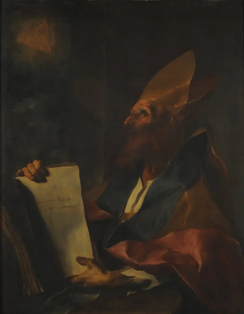 San Agustín meditando sobre la Trinidad - Título anterior: Obispo mártir, by Giuseppe Antonio Petrini, oil, 1727