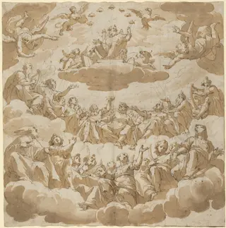 God Enthroned Surrounded by Saints, by Giovanni Battista Trotti, ink, 1588