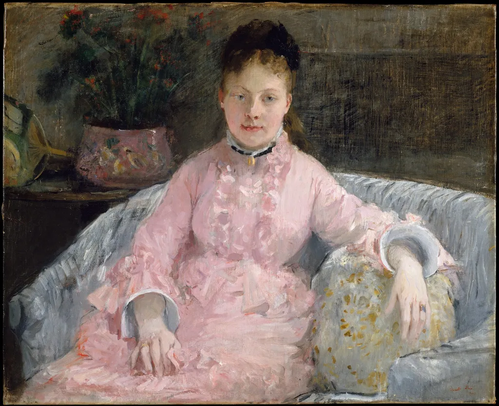 The Pink Dress (Albertie-Marguerite Carré, later Madame Ferdinand-Henri Himmes, 1854–1935), by Berthe Morisot, oil, 1870