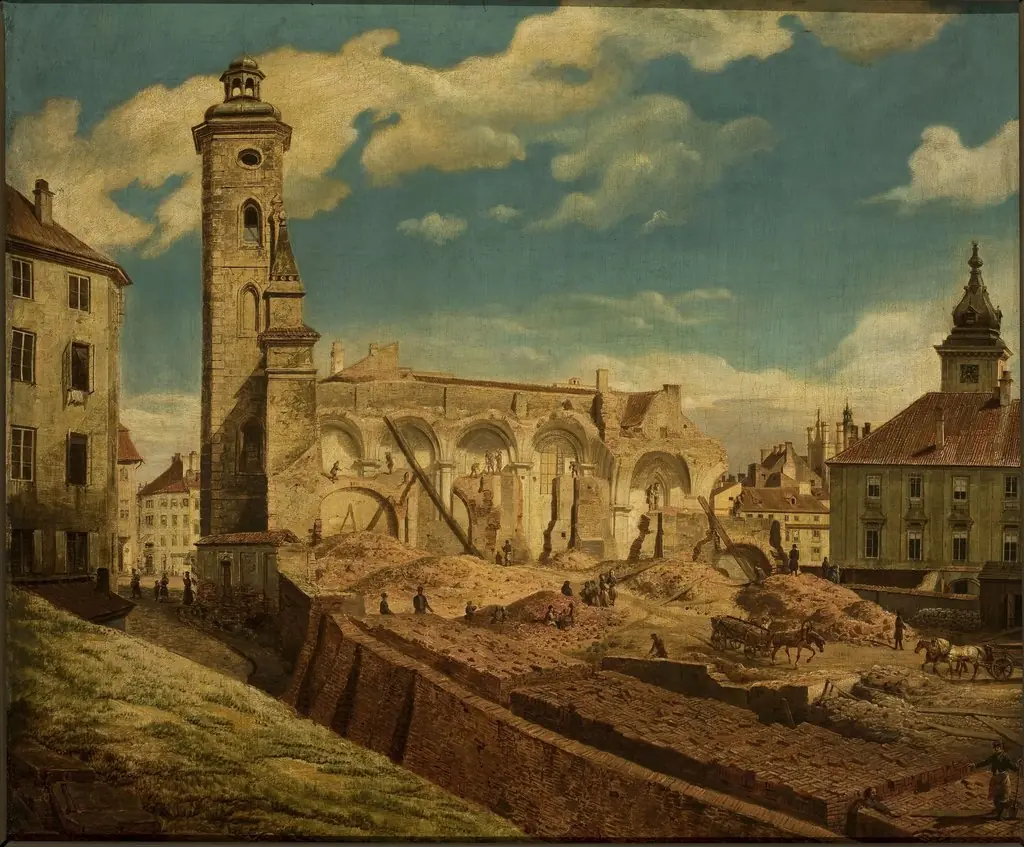 Demoliition of the church of the Bernardine Sisters in Warsaw, by Marcin Zaleski, oil, 1843