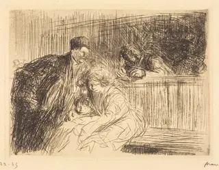L'avocat parlant au prévenu (2e planche) (The Lawyer Talking to the Prisoner) (second plate), by Jean-Louis Forain, ink, 1909