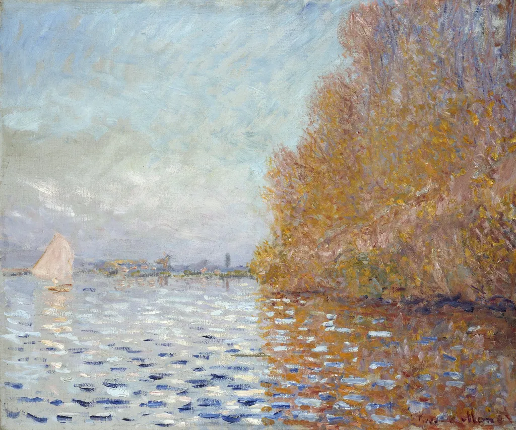 Argenteuil Basin with a Single Sailboat, by Claude Monet, oil, 1874