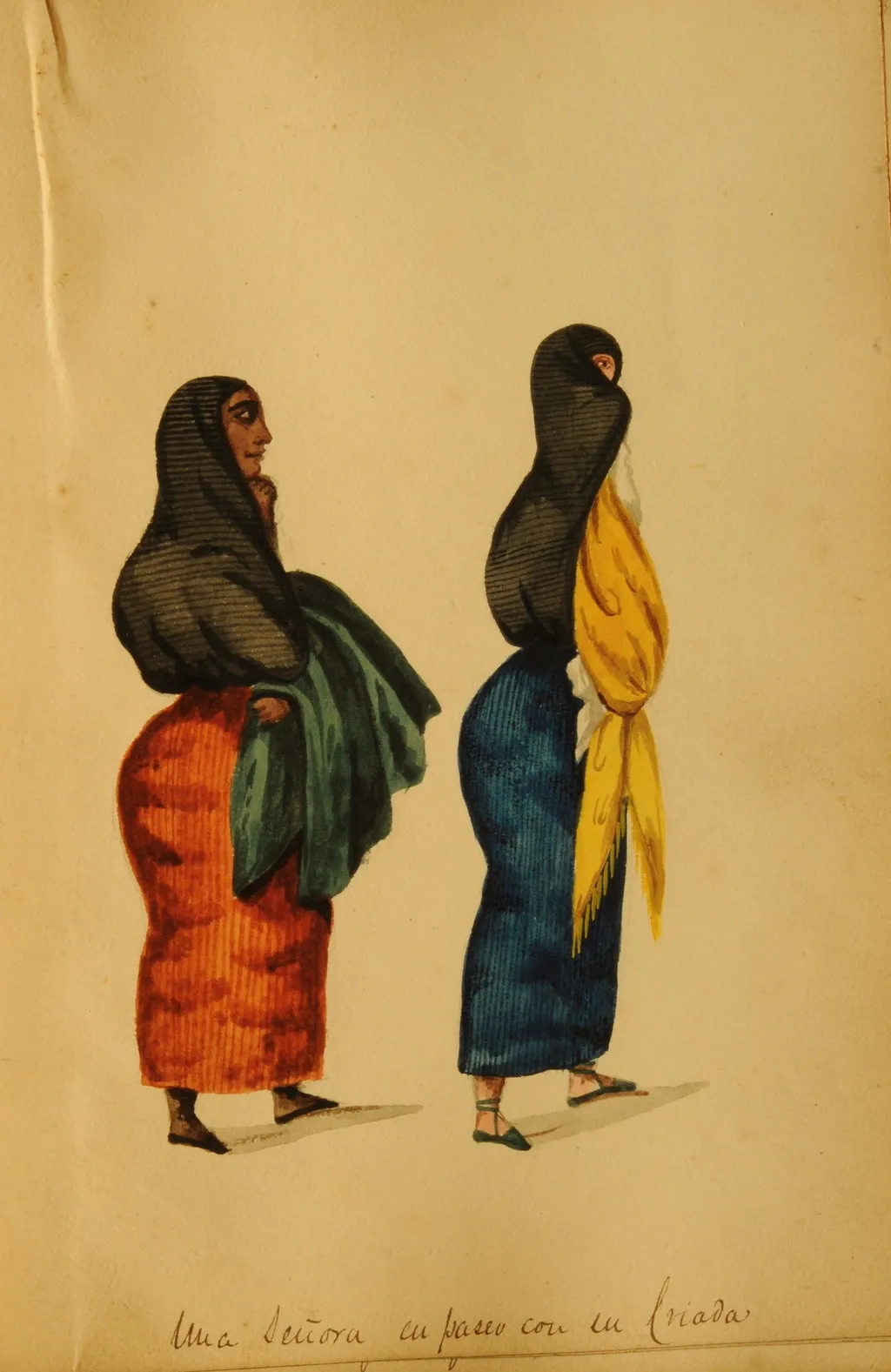 A lady on a walk with her maid, by Pancho Fierro, unspecified, 1850
