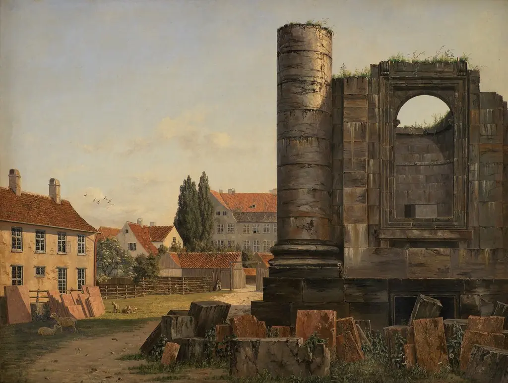 Parti af Marmorpladsen med ruinerne af den ufuldførte Frederikskirke, by Thorald Læssøe, oil, 1838