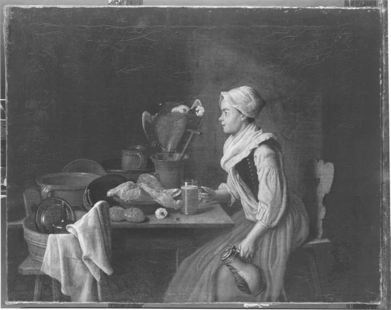 Küchenstillleben mit weiblicher Figur und Papagei, detail