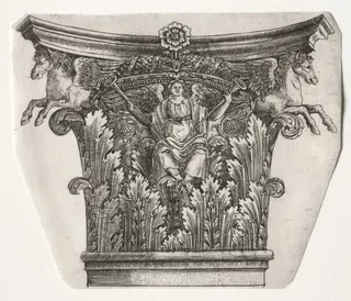 Base and Capital with Figure of Fame and Winged Horses, by Master G. A. with the man-trap, 1538