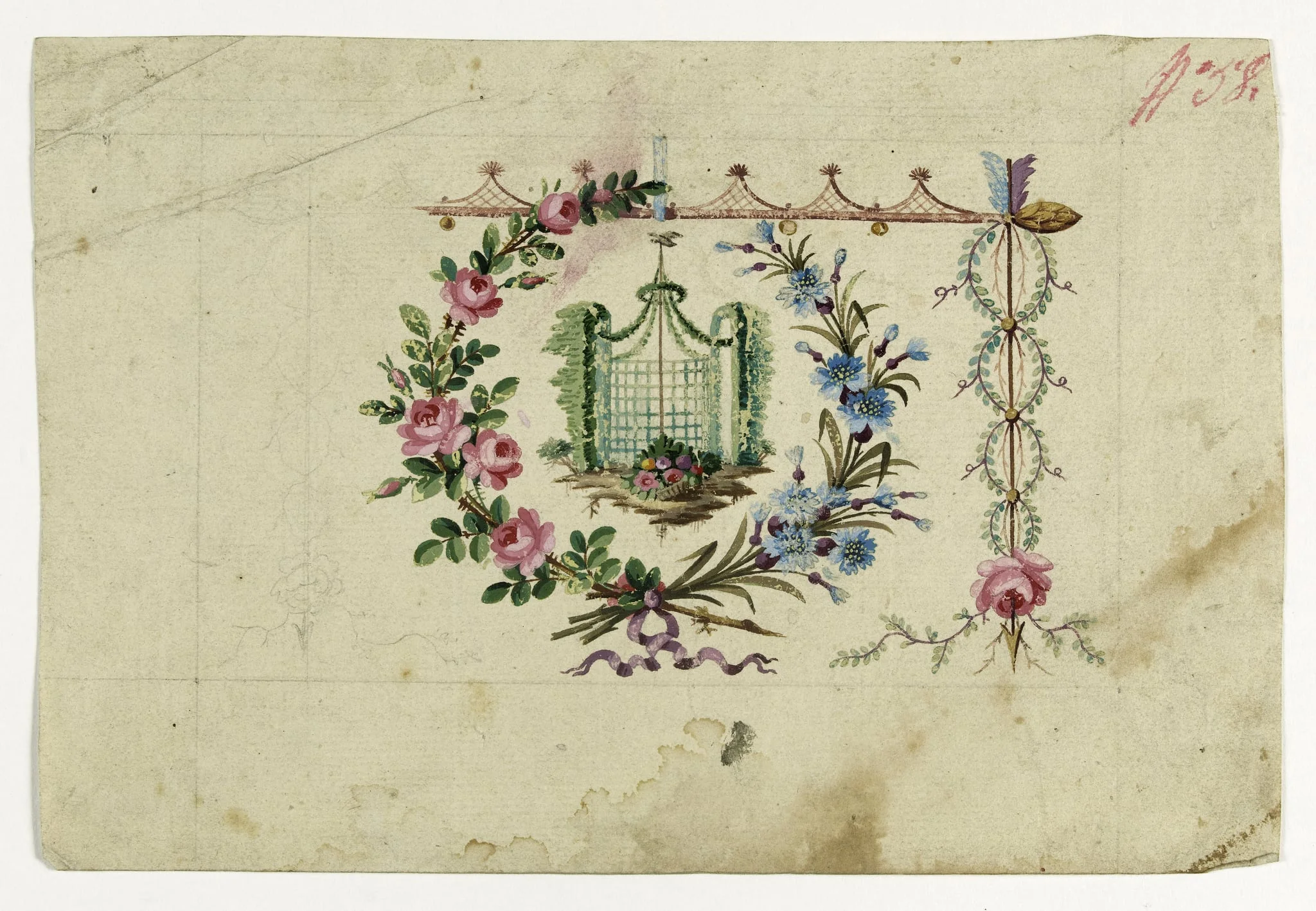 Kiosque entouré d'une guirlande, projets de broderies de gilet, XVIIIème siècle, detail