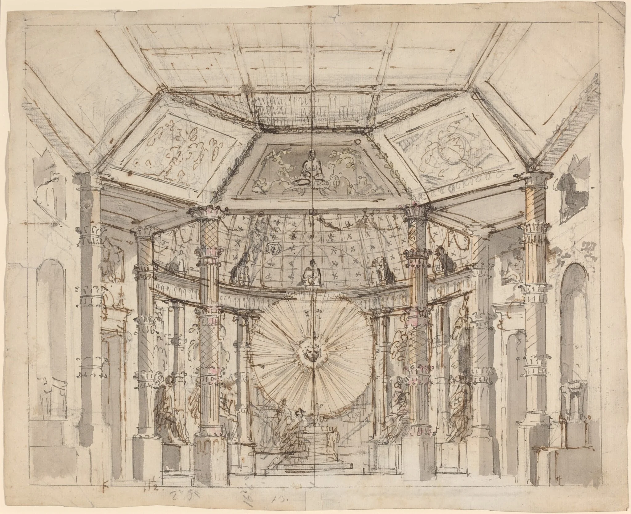 Stage Design for a Domed Temple Interior with a Sun Disk above the Altar, detail