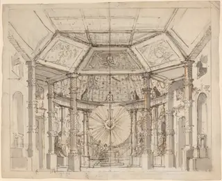 Stage Design for a Domed Temple Interior with a Sun Disk above the Altar, by Josef Ignáz Platzer, ink, 1780