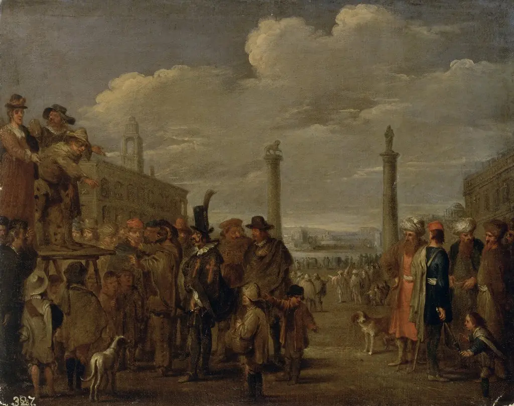 Street Comedians on the Square, by Matteo Ghidoni, oil, 1667