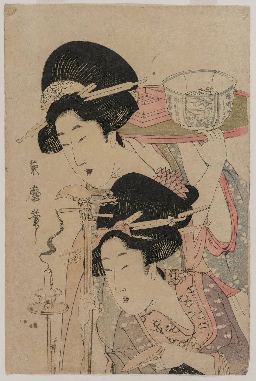 Two Geishas beside a Candle, by Kitagawa Kikumaro, 1804
