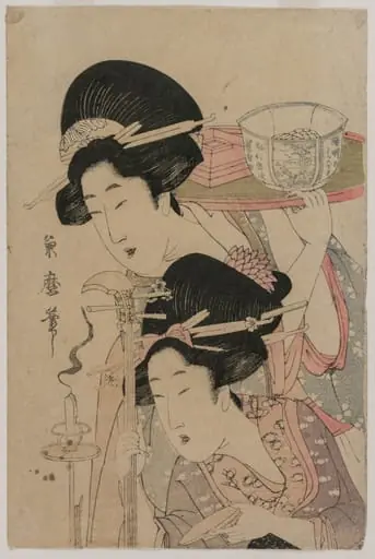 Two Geishas beside a Candle, by Kitagawa Kikumaro, 1804