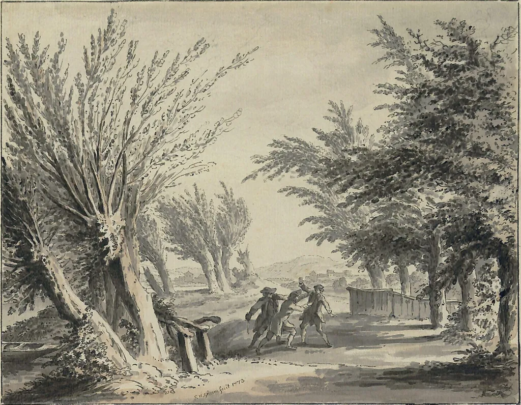 Road Scene with Footpads attacking a Traveller, by Samuel Hieronymus Grimm, watercolor, 1773