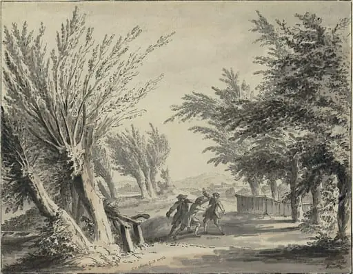 Road Scene with Footpads attacking a Traveller, by Samuel Hieronymus Grimm, watercolor, 1773