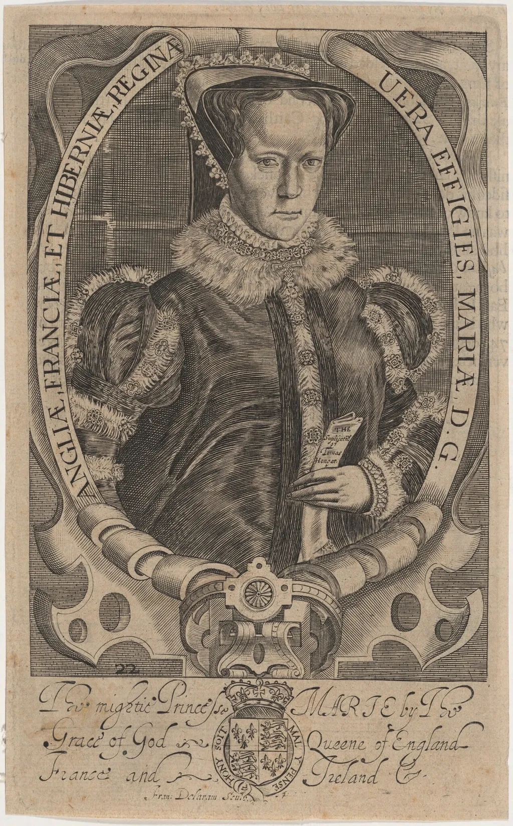 Mariae, D.G. Angliae, Franciae et Hiberniam Reginae (Mary I), by Francis Delaram, ink, 1608