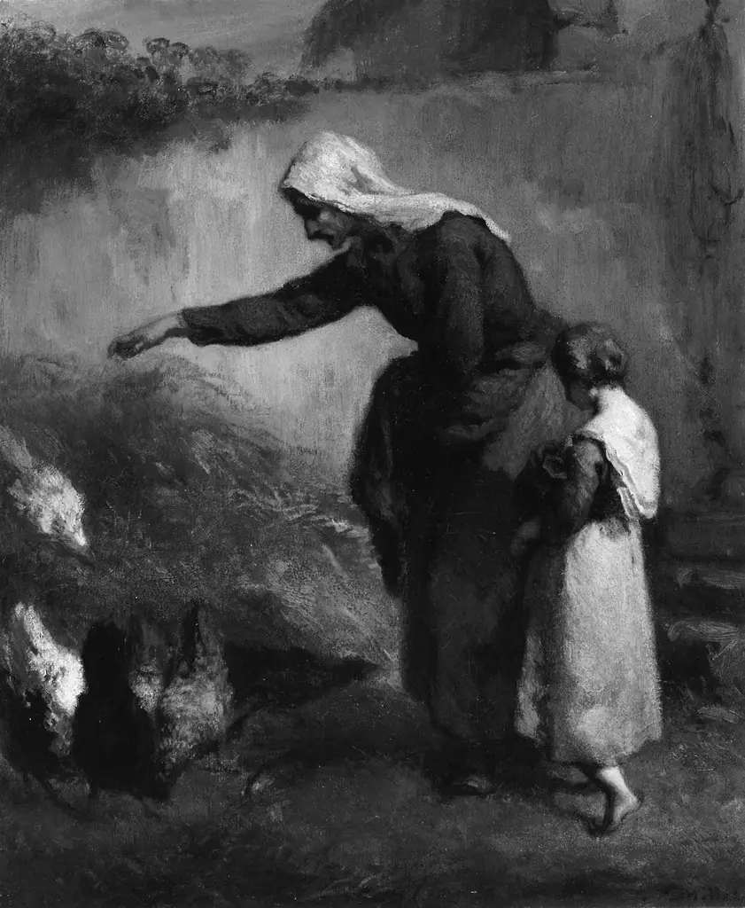 Woman Feeding Chickens, by Jean François Millet, oil, 1850