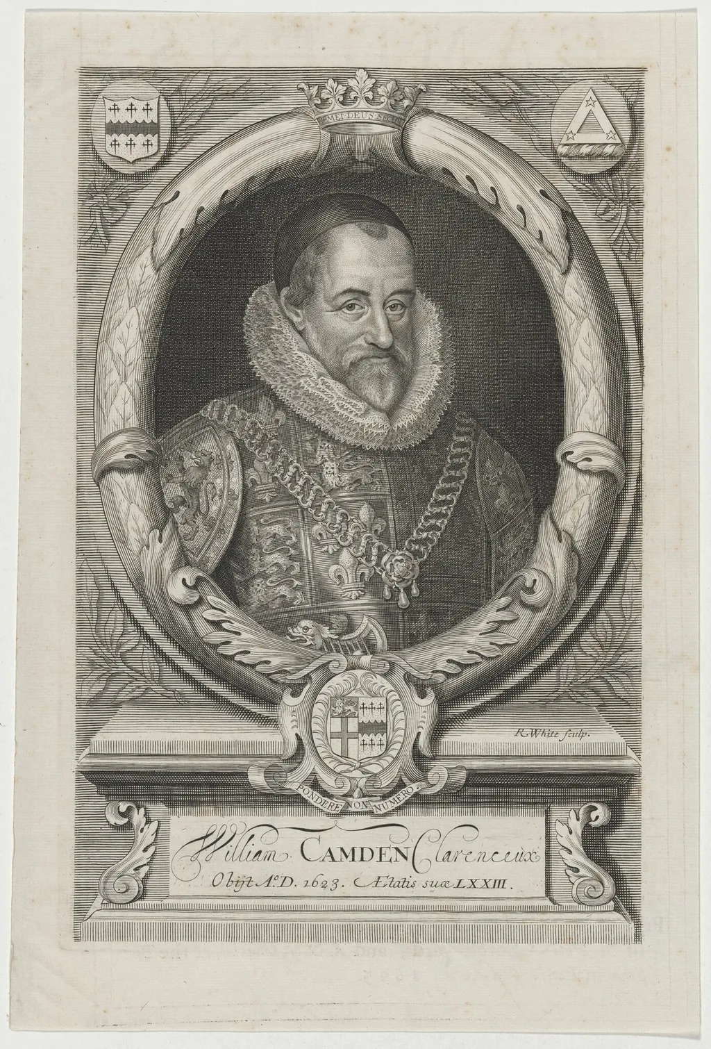 William Camden, by Robert White, ink, 1695