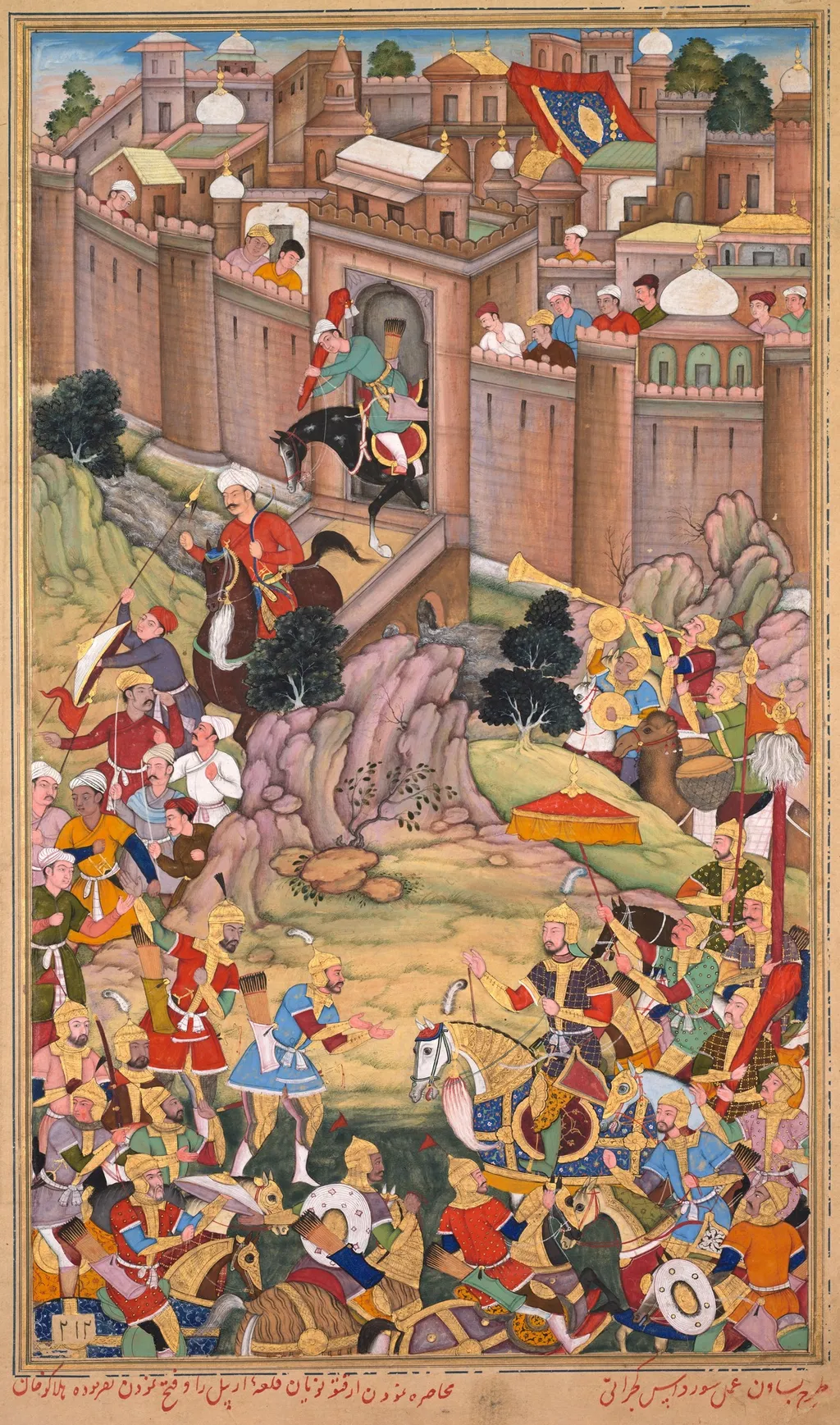 The siege of Arbela in the era of Hulagu Khan, from a Chingiz-nama (Book of Chingiz Khan) of the Jami al-tavarikh (Compendium of Chronicles) of Rashid al-Din (Persian, 1247–1318), by Basawan, unspecified, 1598