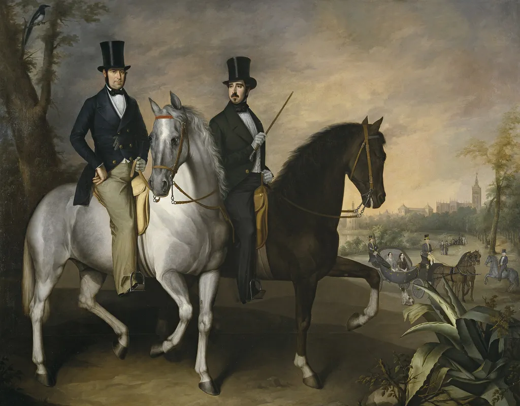 El conde de Pinohermoso y el marqués de Molins a caballo en las afueras de Sevilla, by José Roldán Martínez, oil, 1848