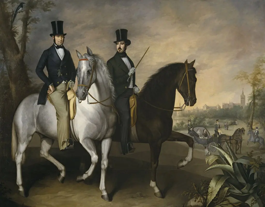El conde de Pinohermoso y el marqués de Molins a caballo en las afueras de Sevilla, by José Roldán Martínez, oil, 1848