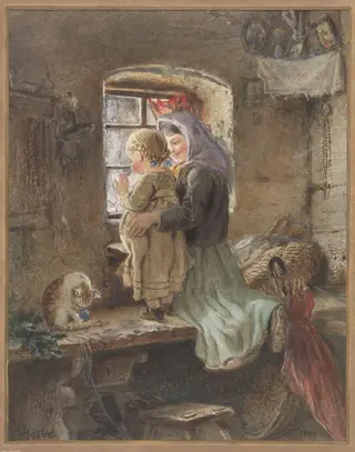 Young peasant girl and child at a window, by Carl Goebel, 1850